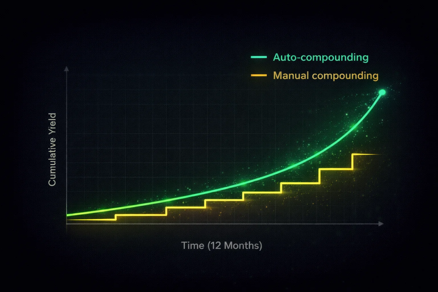 Auto-compounding yield comparison showing APR to APY conversion at different frequencies for Yearn and Convex vaults