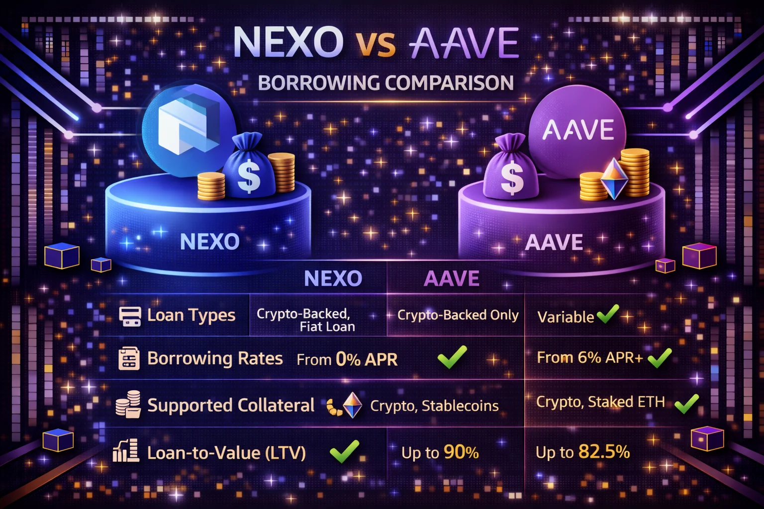 Nexo vs Aave borrowing comparison chart showing interest rates, LTV ratios, and supported assets
