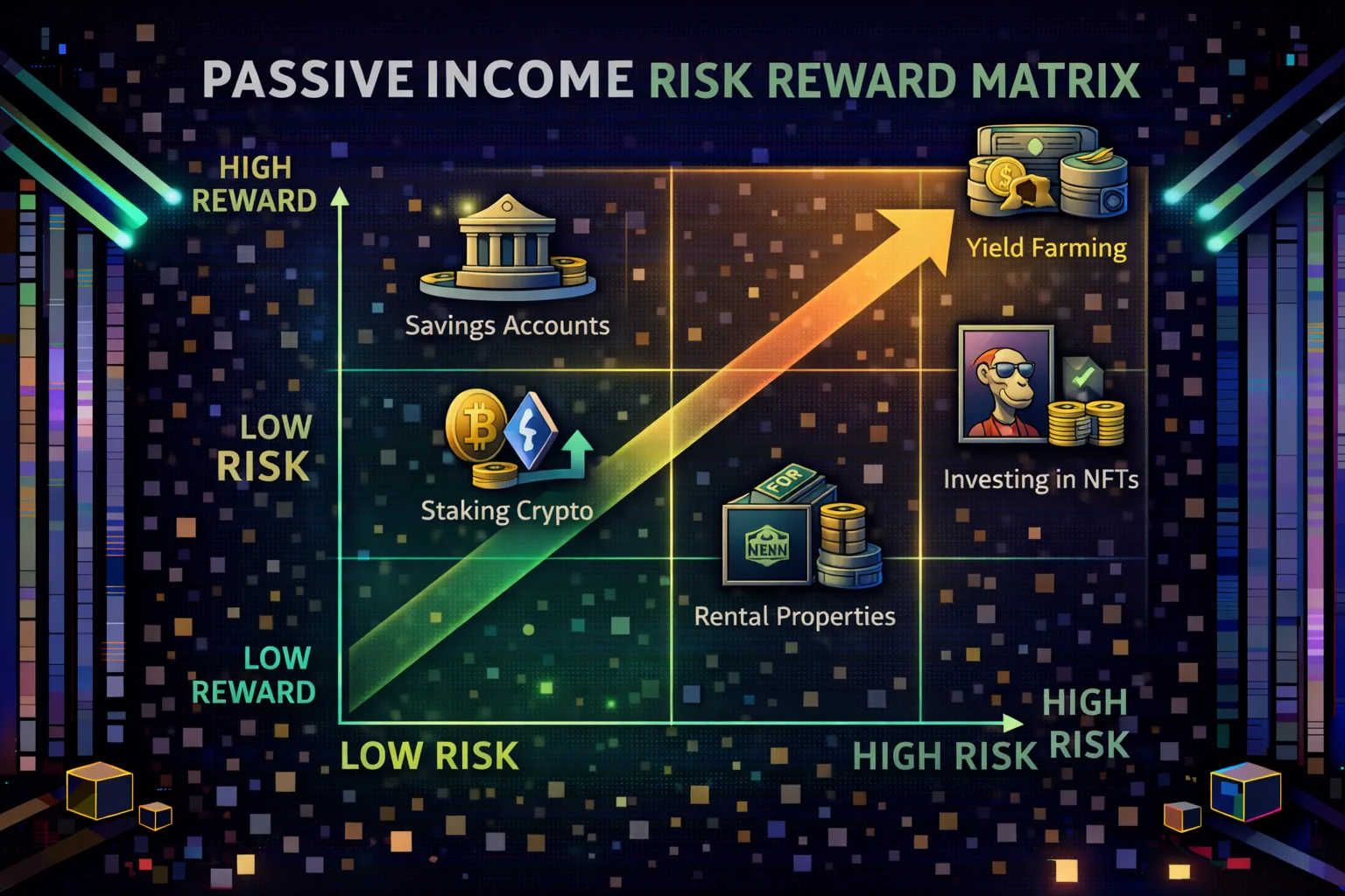 Passive income risk-reward matrix showing different tools and their risk levels