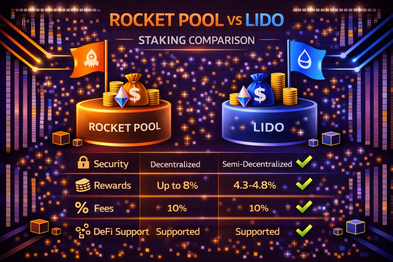 Rocket Pool vs Lido staking comparison chart showing decentralisation, yields, and features