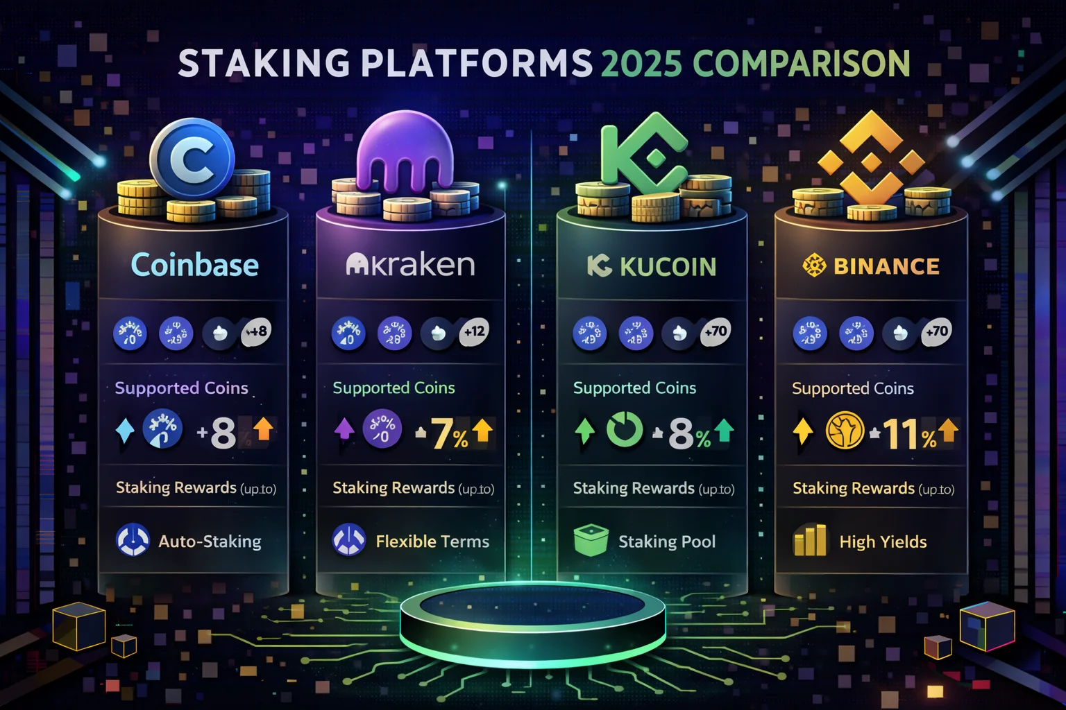 Top staking platforms 2025 comparison chart showing yields, features, and minimum stakes