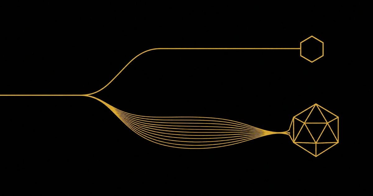 A gold line forks upward to a closed hexagon and downward into parallel filaments that reconverge on a faceted solid.