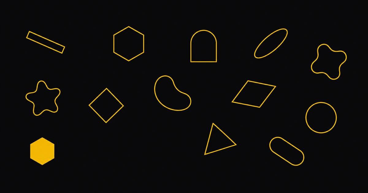 A dozen differently shaped gold aperture outlines scattered on black, one small solid form matching one