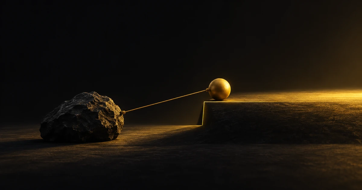 A small gold form climbs a lit step while towing a much heavier dark mass on a taut line behind it