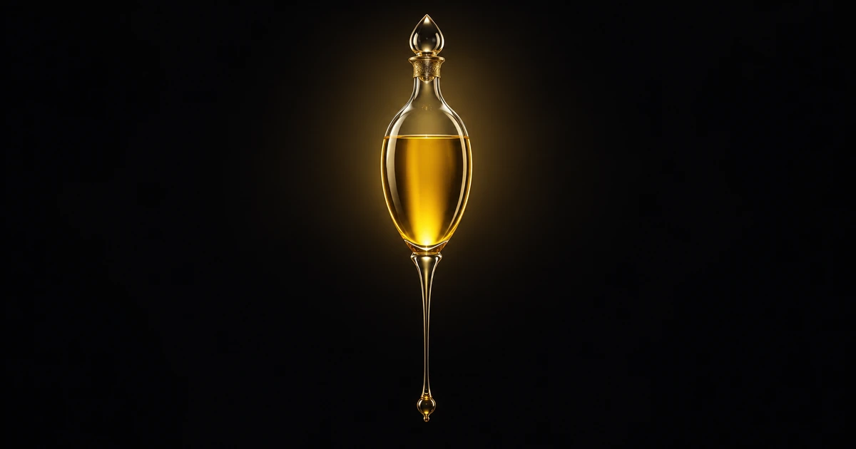 A sealed clear-walled vessel of gold liquid on a slender stem, with open darkness beneath it