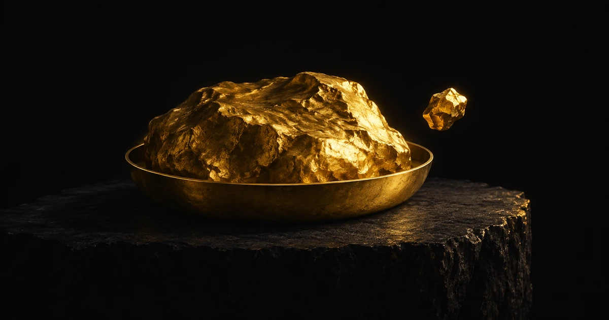 A thin gold rim holds a heavy gold mass; a smaller piece floats just clear of it, darkness beyond the rim