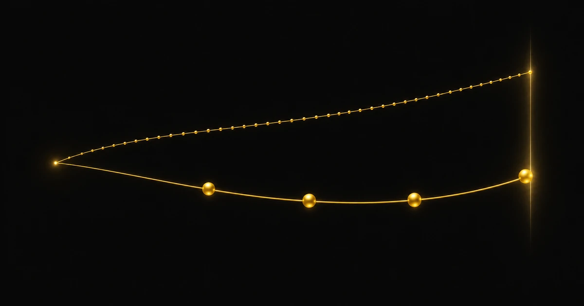 Two gold strands from one point: one strung with many tiny beads, the other carrying four large ones