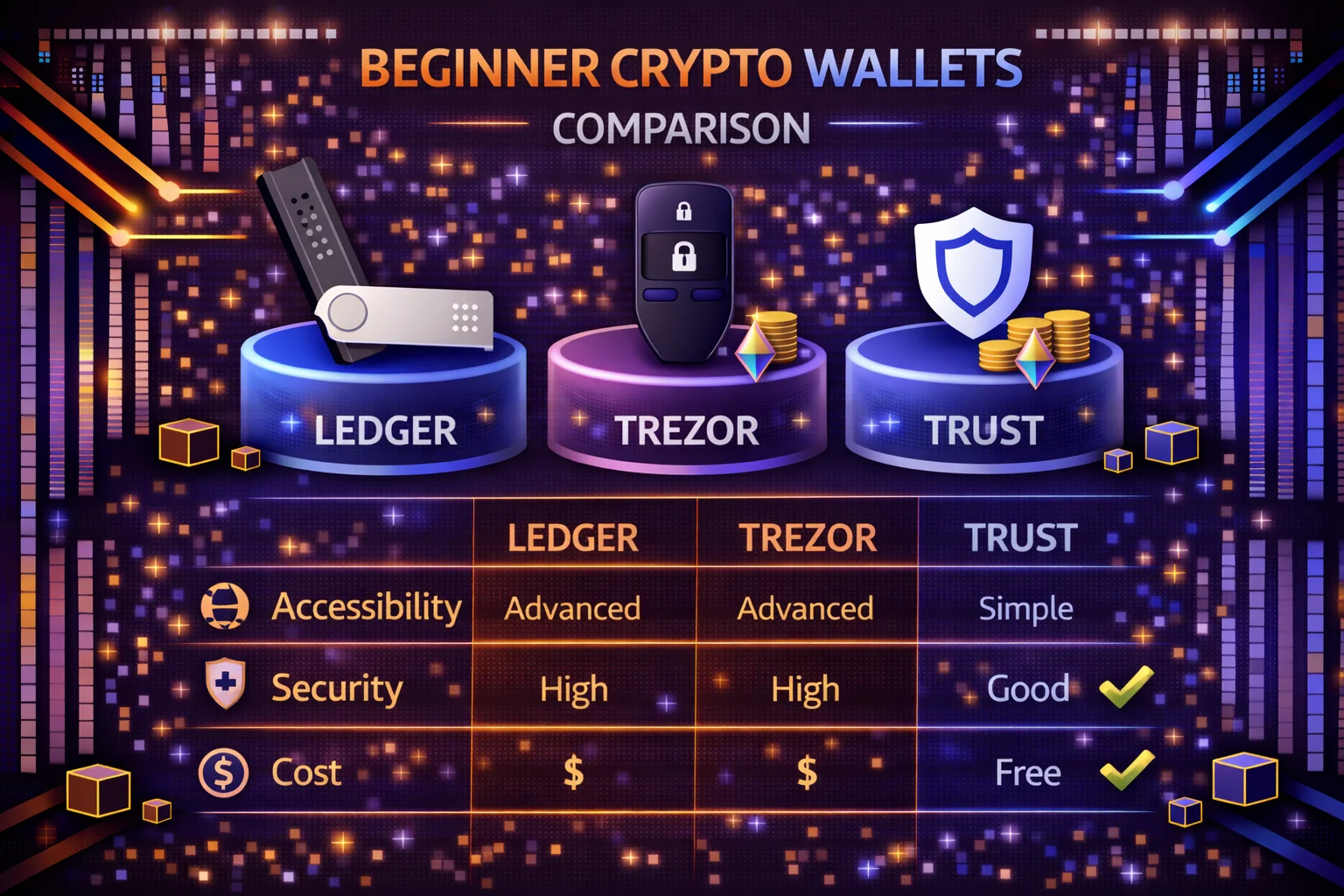 Top 5 beginner crypto wallets comparison showing mobile and hardware wallet options