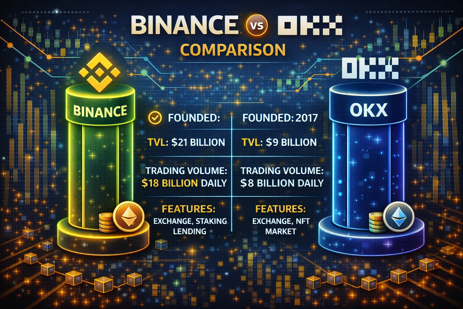 Binance vs OKX comparison chart showing fees, capabilities, and key differences
