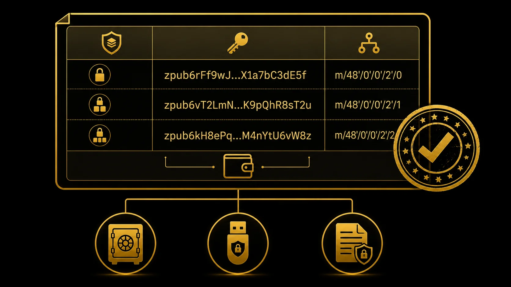 Bitcoin multisig descriptor backup card: descriptor engraved on metal plates, distributed across three locations.