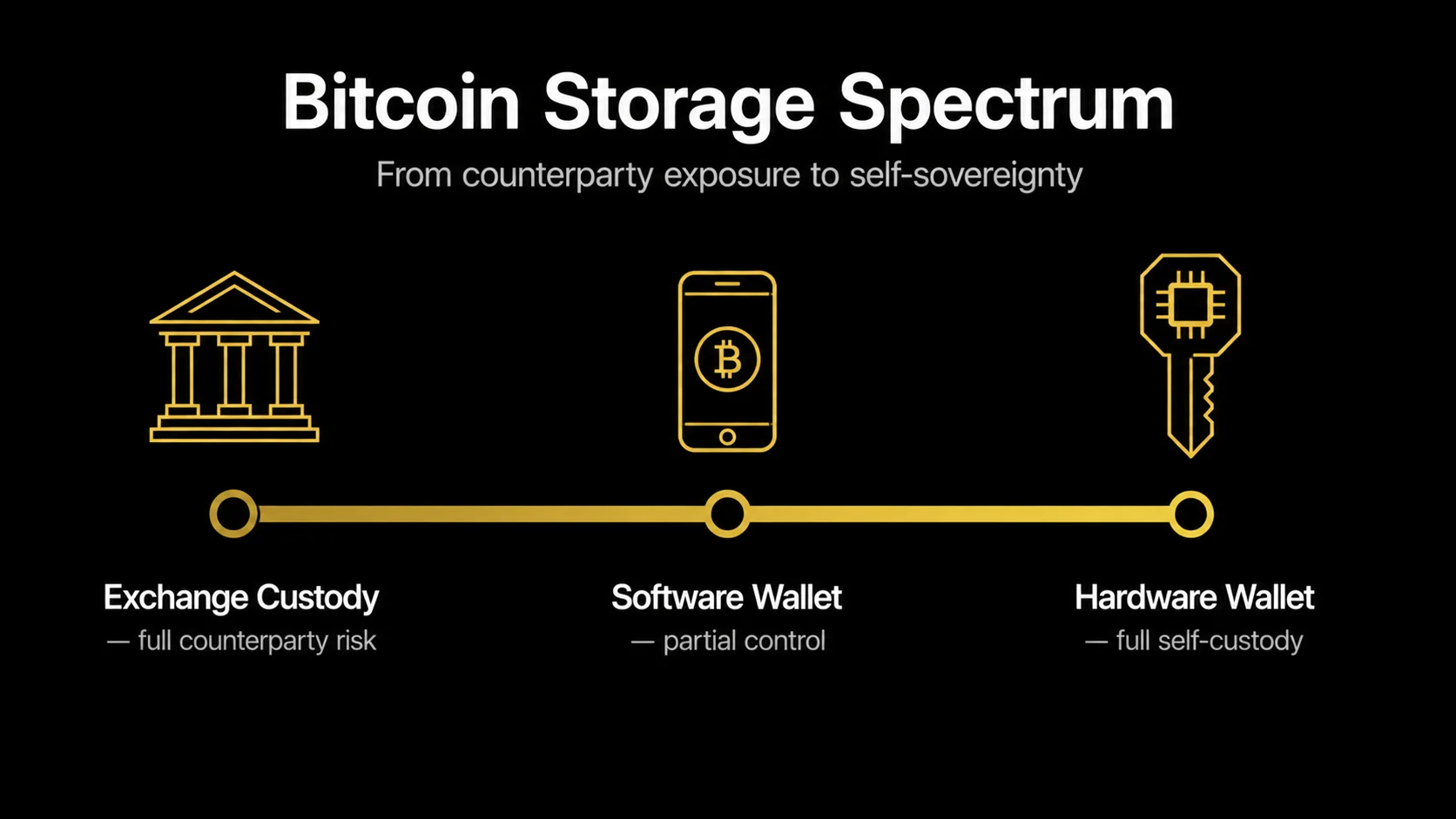 Bitcoin storage spectrum: from exchange custody through software wallets to hardware wallet self-custody