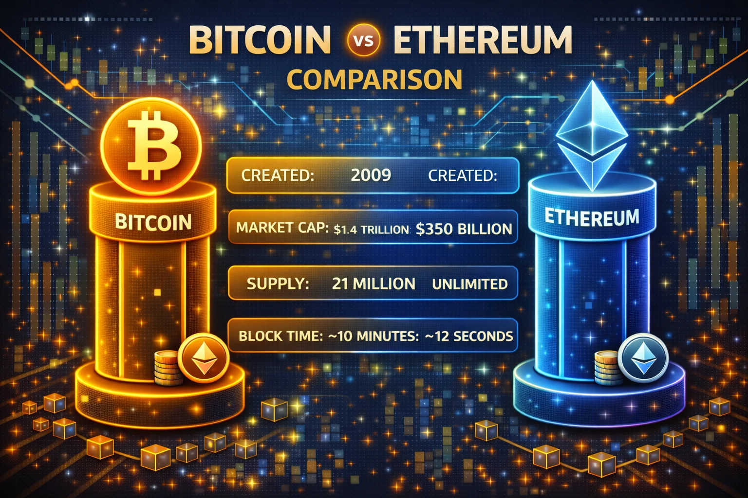 Bitcoin vs Ethereum comparison infographic showing key differences in technology and use cases