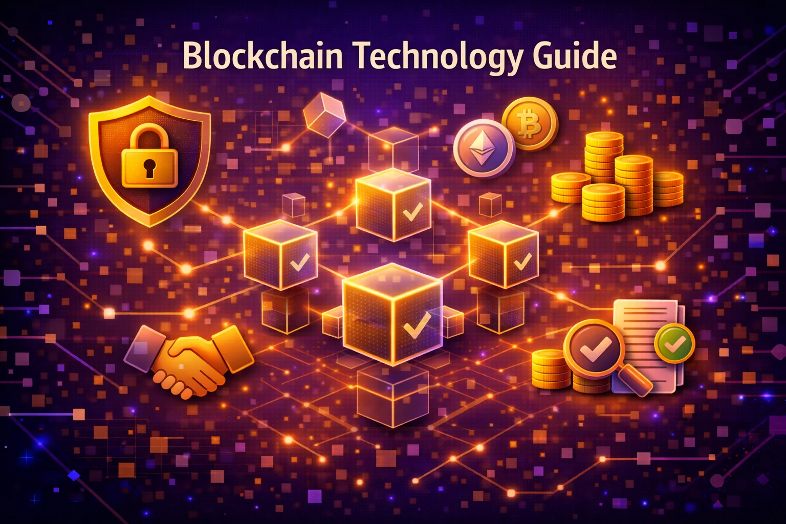 Blockchain technology guide showing distributed ledger structure and key concepts