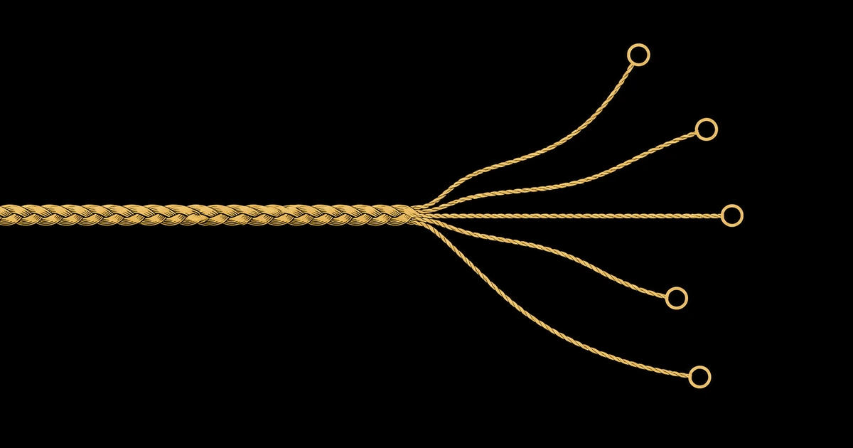 A braided gold cord entering from the left and fraying into five hairline strands, each ending in a small ring