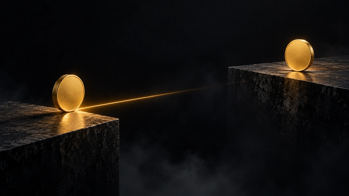 A gold coin already waiting on a far platform while its twin sets out along a thin beam of light from the near one