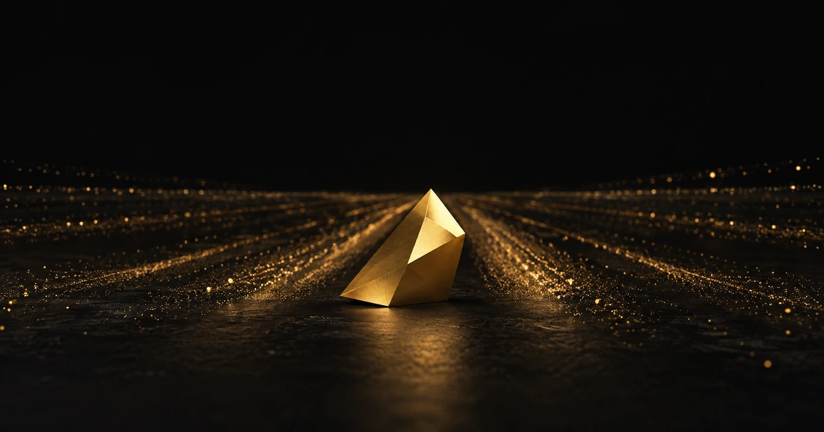 A sharp gold form on a dark plane of amber particles streaking backwards in long blurred trails