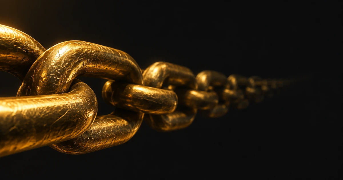 A gold chain receding into darkness; only the nearest link is fully lit and resolved