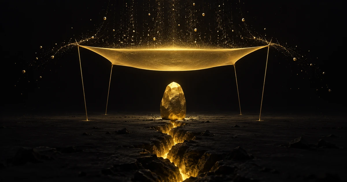 A thin gold canopy shields a solid form from above while a narrow fissure widens in the ground beneath it