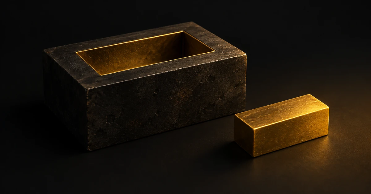A gold cast piece beside the dark mould cavity it came from, visibly smaller than the hollow