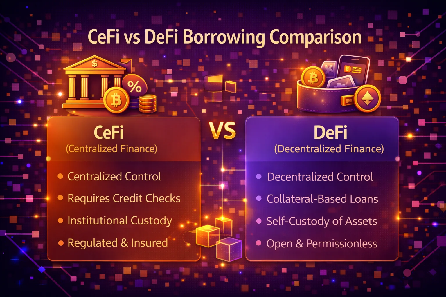 centralised vs decentralised borrowing comparison showing interest rates, custody models, and risk profiles