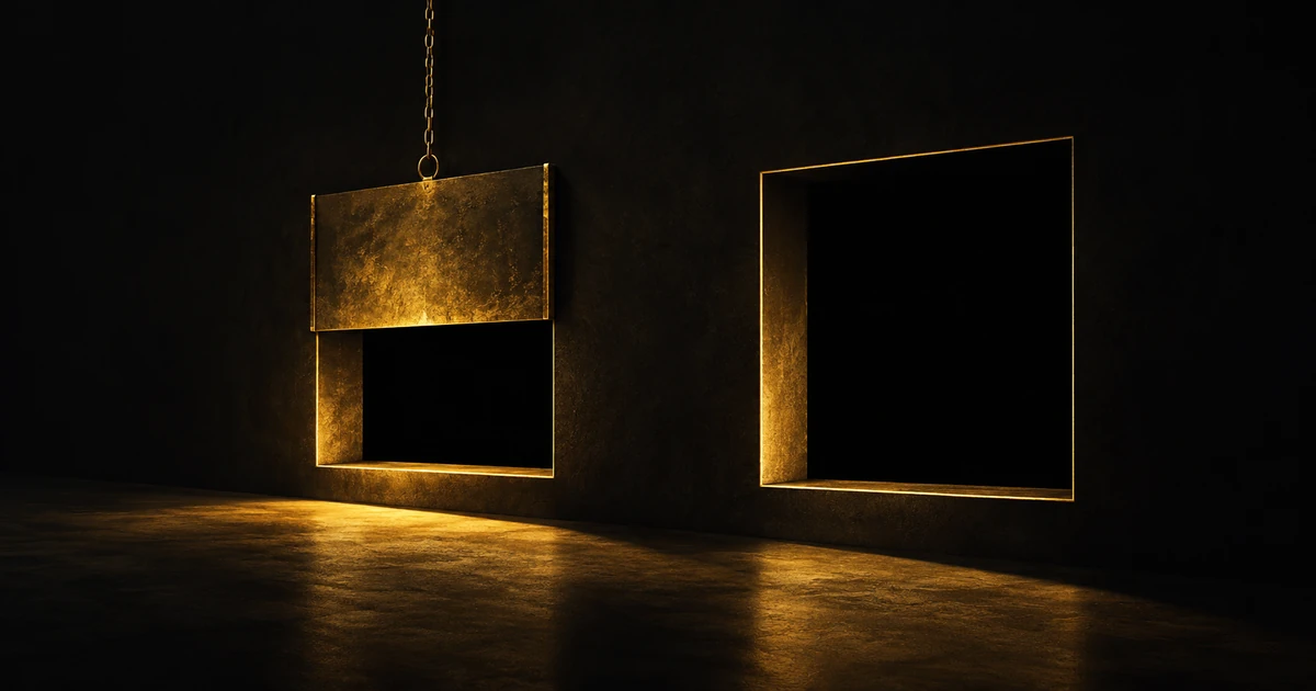 Two openings in a dark wall: one half-covered by a shutter on a taut chain, one cut clean with no fittings