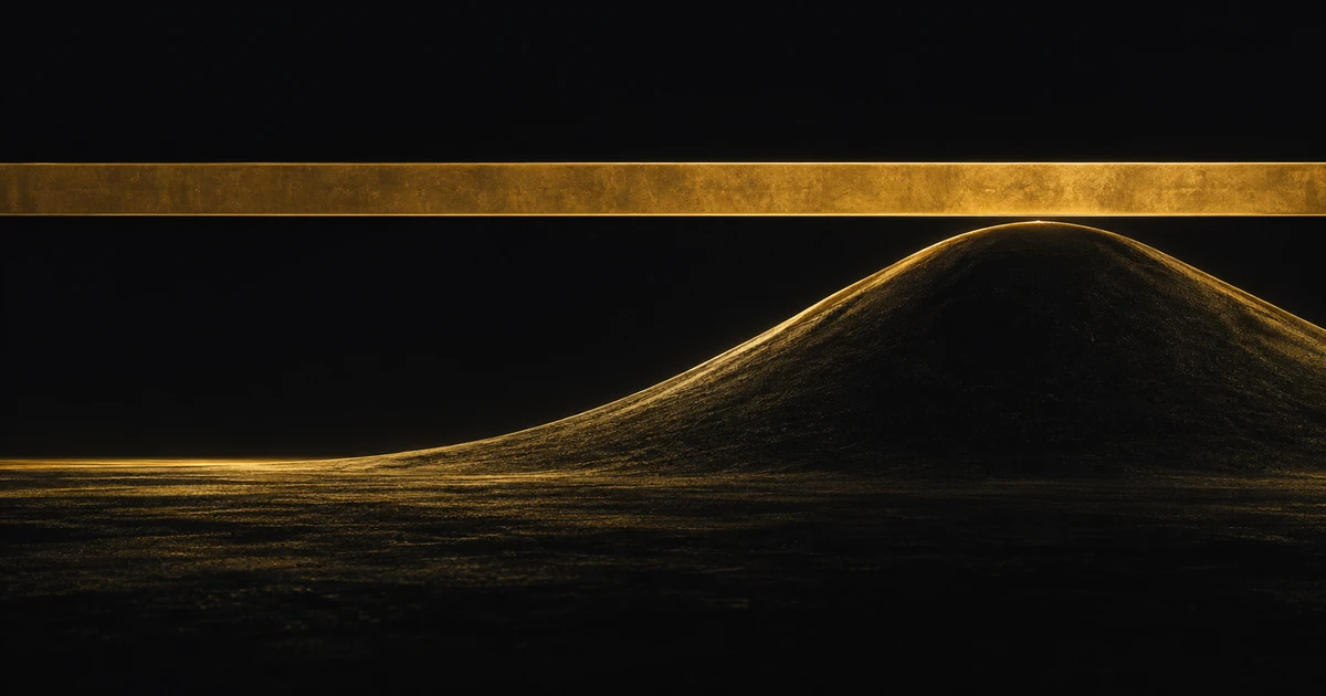 A fixed gold lintel with the dark ground swelled almost to touch it, the same surface far lower in the distance