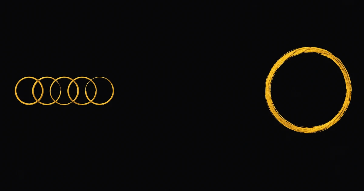 Five nearly identical gold rings clustered together, with one much larger ring alone across the dark