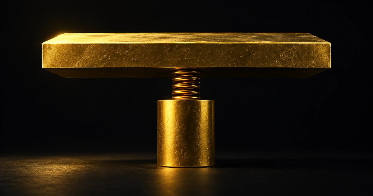 A heavy gold slab resting on a short column, the remaining gap spanned by a tightly compressed coil