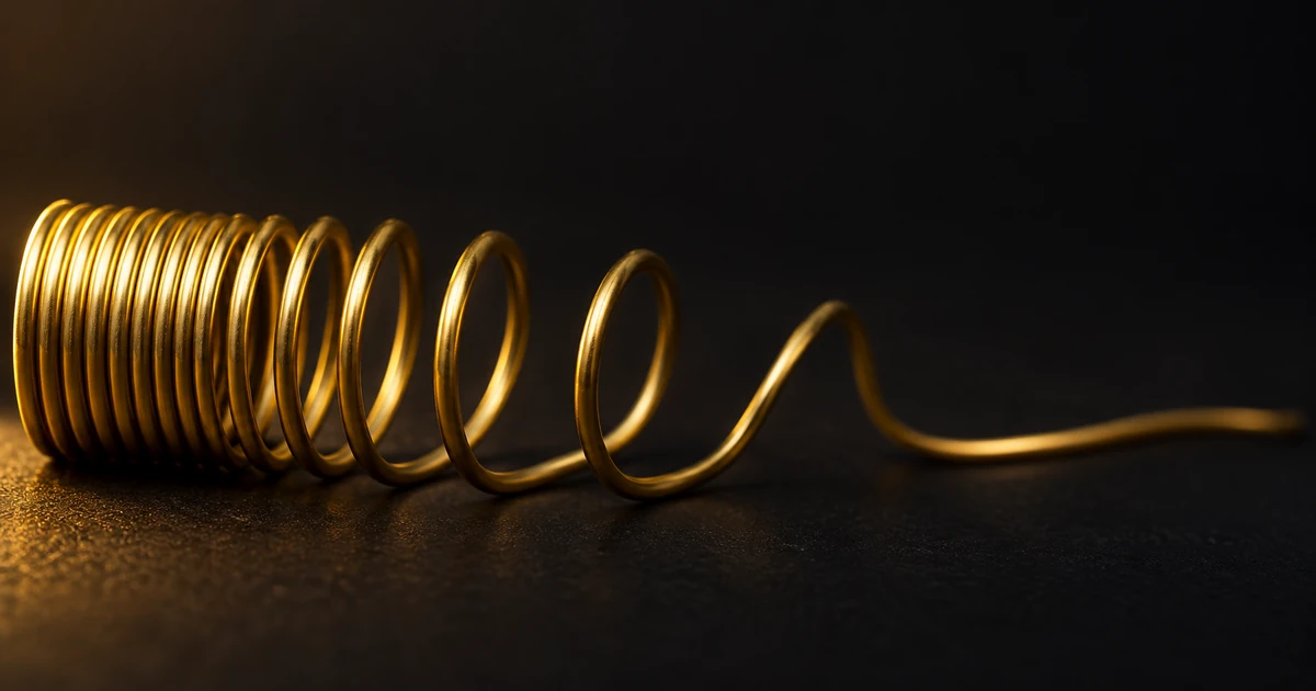 A gold wire wound tight at the left, its turns loosening rightward until they lie slack