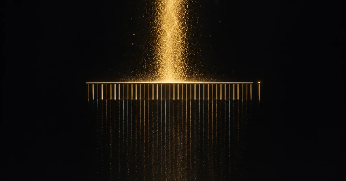A broad fall of gold particles strikes a comb of thin teeth and leaves as many fine rills