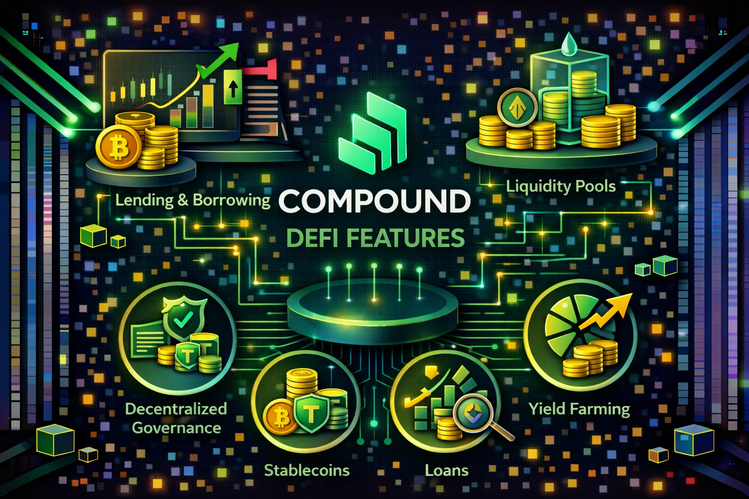 Compound DeFi protocol key features including algorithmic rates, COMP governance, and cToken system