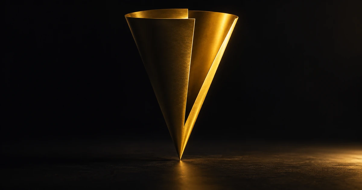 A gold cone standing point-down in darkness with a constant-angle wedge cut from tip to rim