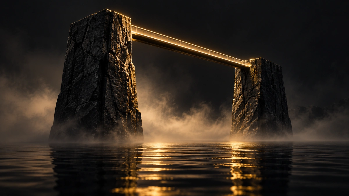 Two stone piers rising from dark water, joined by a narrow span lit in warm gold