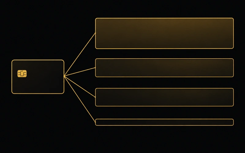 A gold-outlined payment card connects by four fine lines to four horizontal bands of different thicknesses