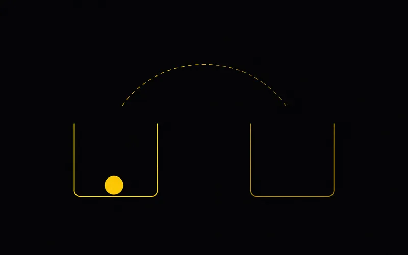 One solid gold disc sits in the left of two outlined vessels; the right stands empty