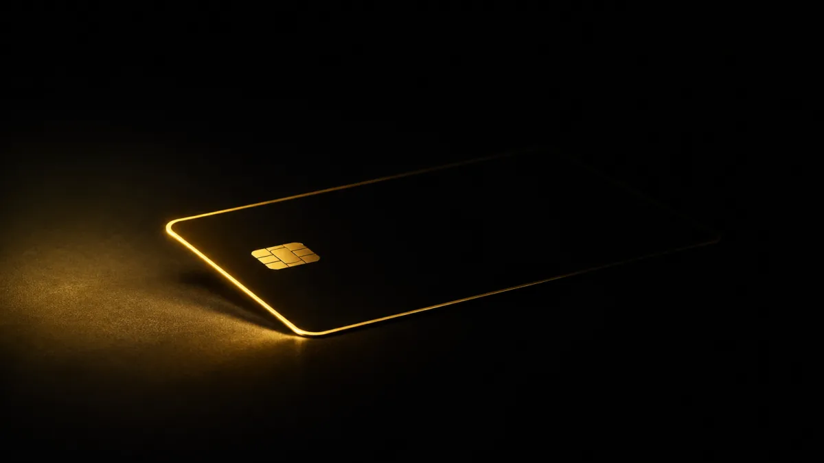 A gold-outlined payment card lit from the left, its far portion fading into darkness