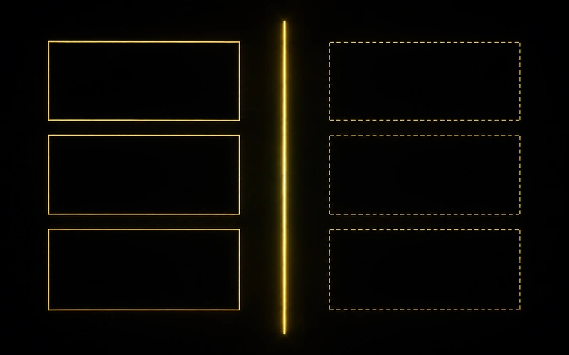Three solid-outlined gold tiles face three dashed-outline tiles across a bright vertical divider