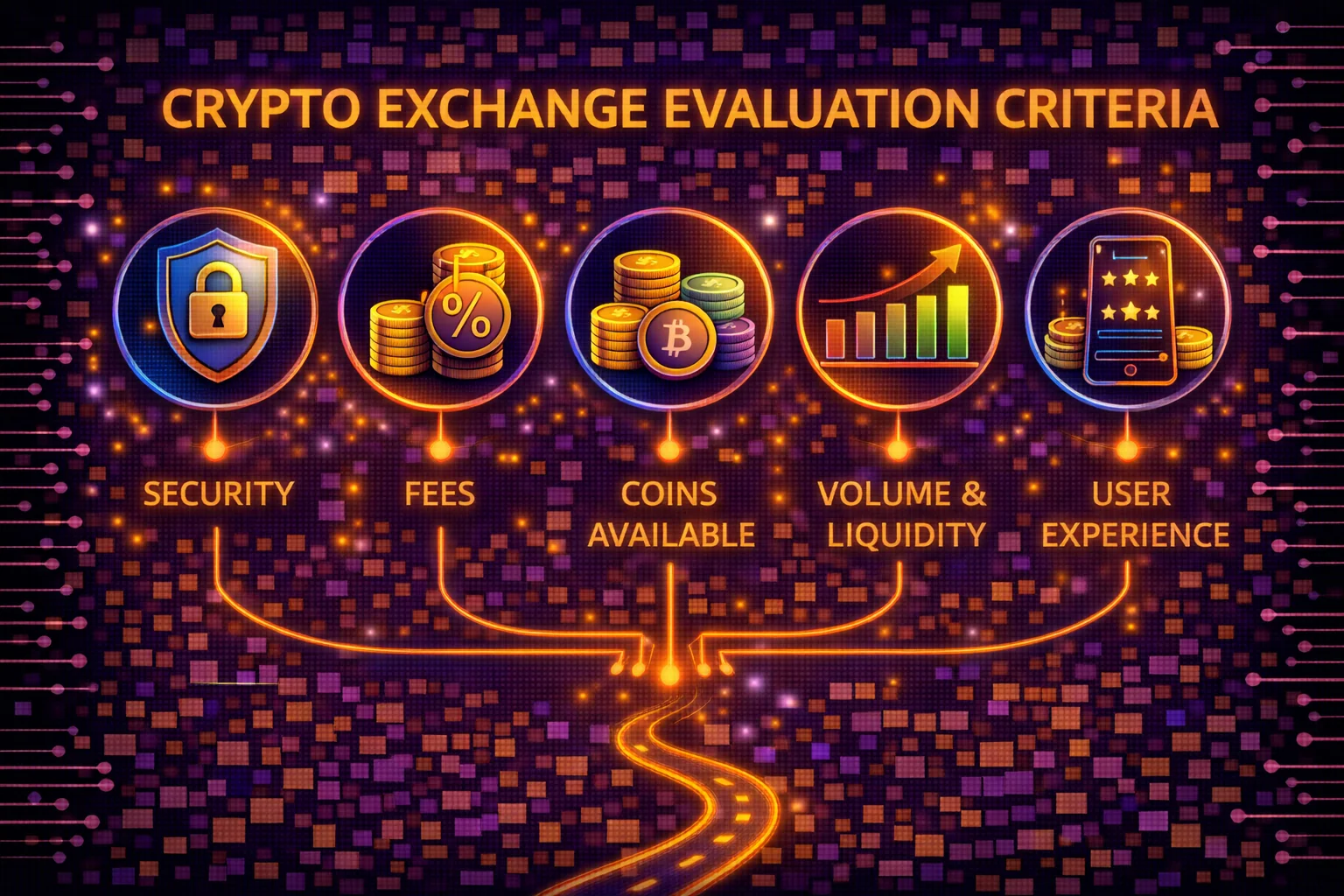 Cryptocurrency exchange evaluation criteria showing security, fees, features, and user experience factors