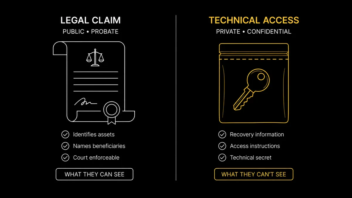 Two-column figure contrasting the legal claim in a will or trust with the technical key in a sealed packet