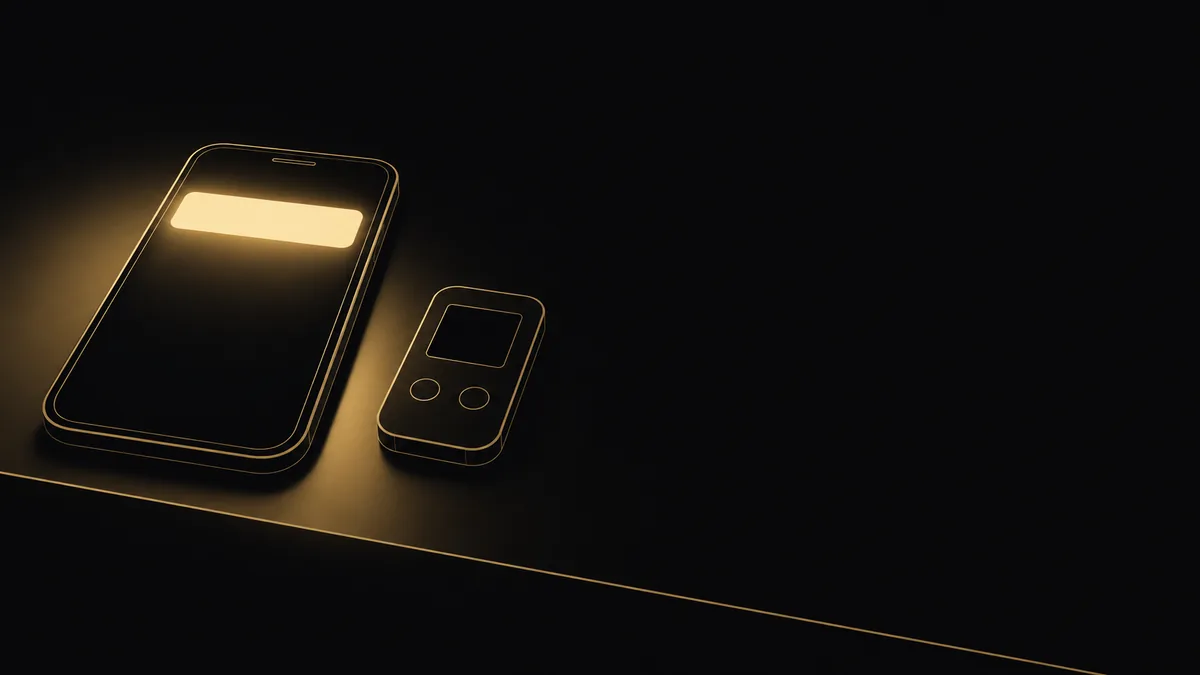 A phone lit by an unread message beside a hardware wallet on a dark desk