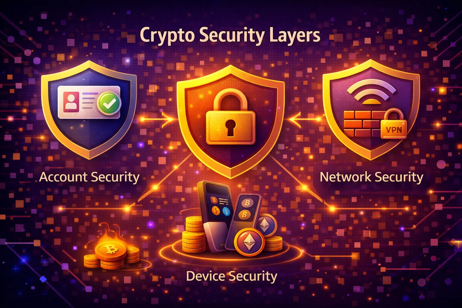 Multi-layered crypto security: hardware wallets, seed phrase protection, 2FA, and network security measures