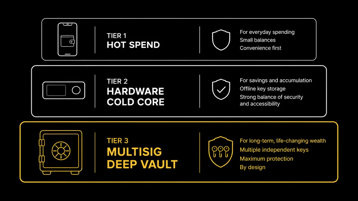 Layered crypto security stack: hot wallet spending layer, hardware single-key core and multisig deep vault, by holding band