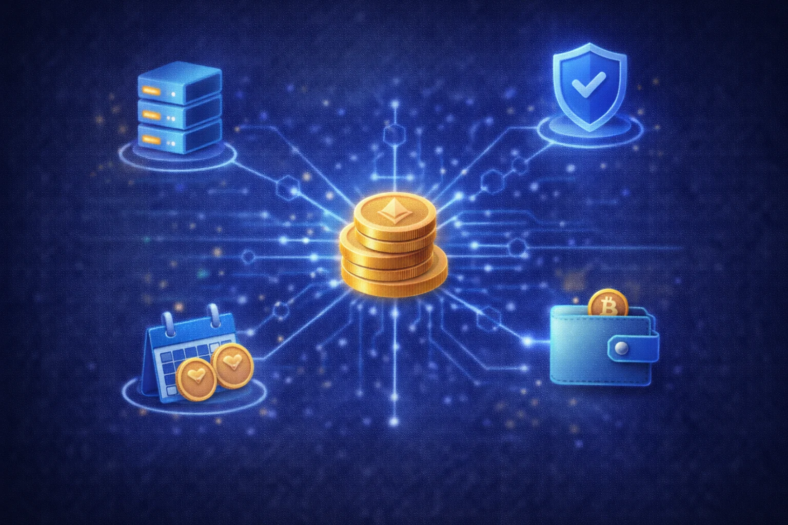 Cryptocurrency staking process showing validators, rewards, and blockchain security