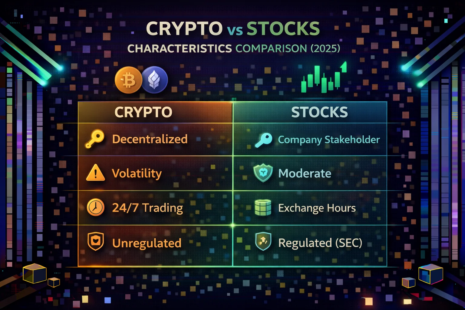 Investment characteristics comparison showing crypto vs stocks advantages and disadvantages
