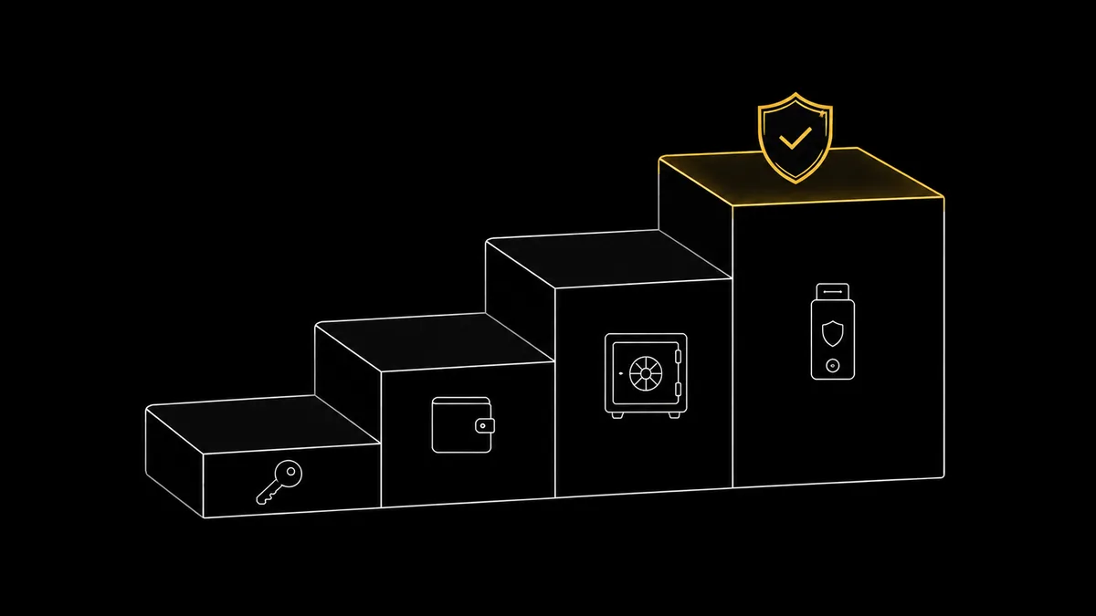Value-tier ladder mapping four holding bands to security posture, backup regime, multisig threshold and physical relevance