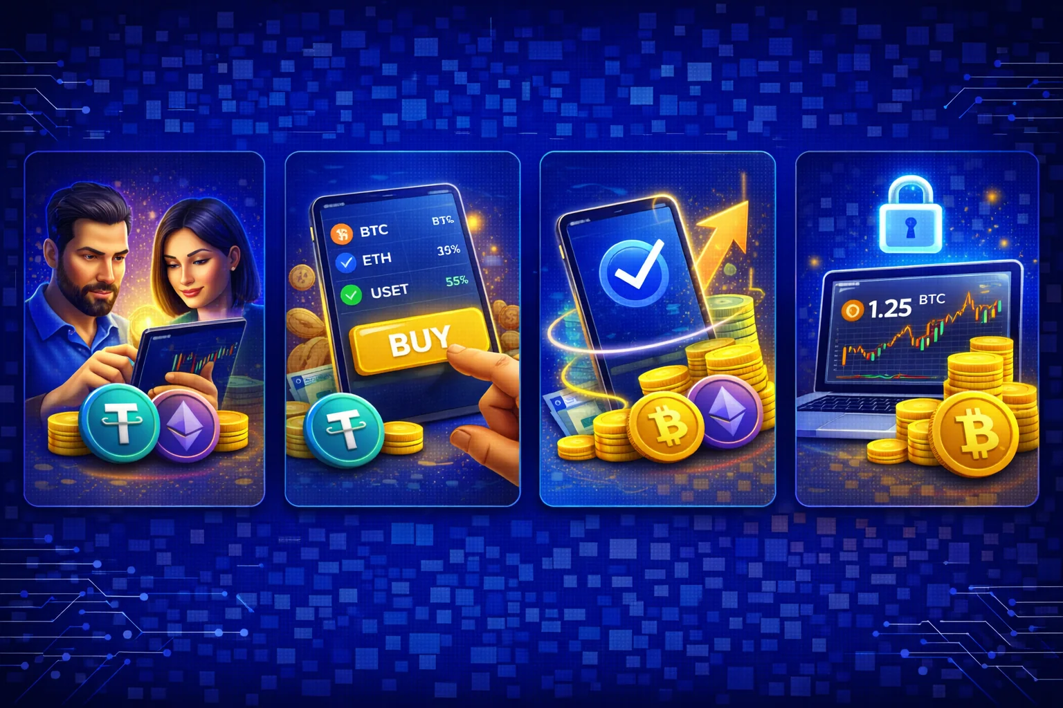 Step-by-step cryptocurrency buying process showing exchange selection, verification, and purchase steps