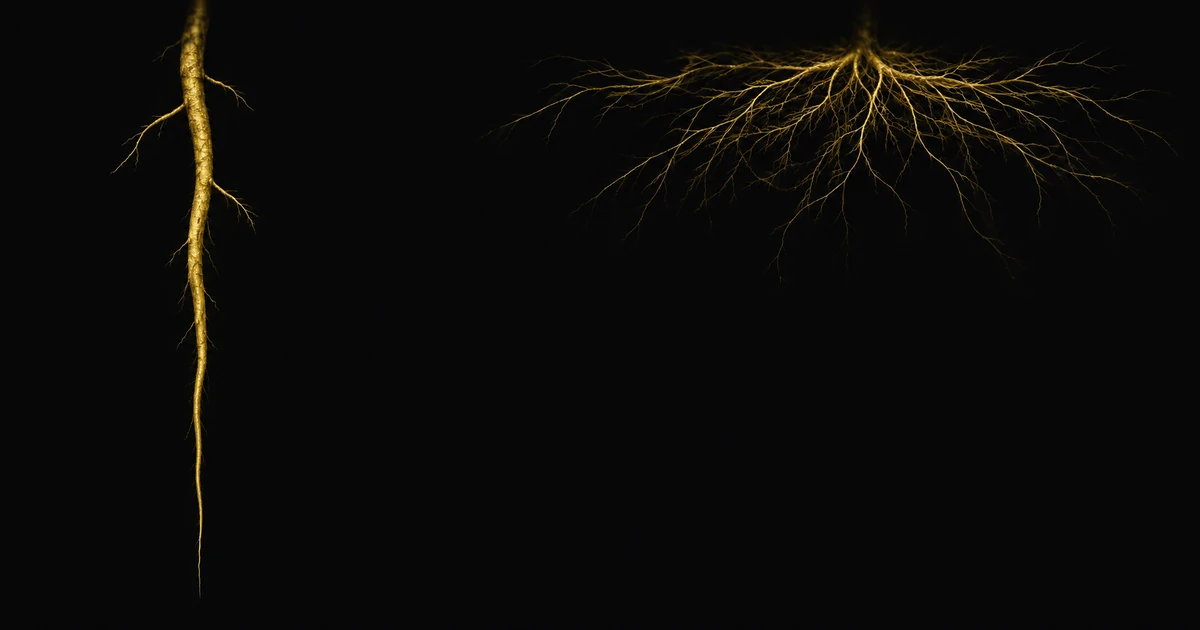 One deep gold taproot on the left, a wide shallow mat of fine filaments on the right, on dark ground