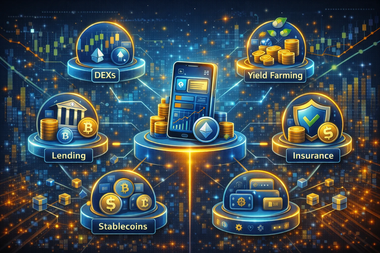 DeFi applications ecosystem overview showing lending, DEX, and yield farming platforms