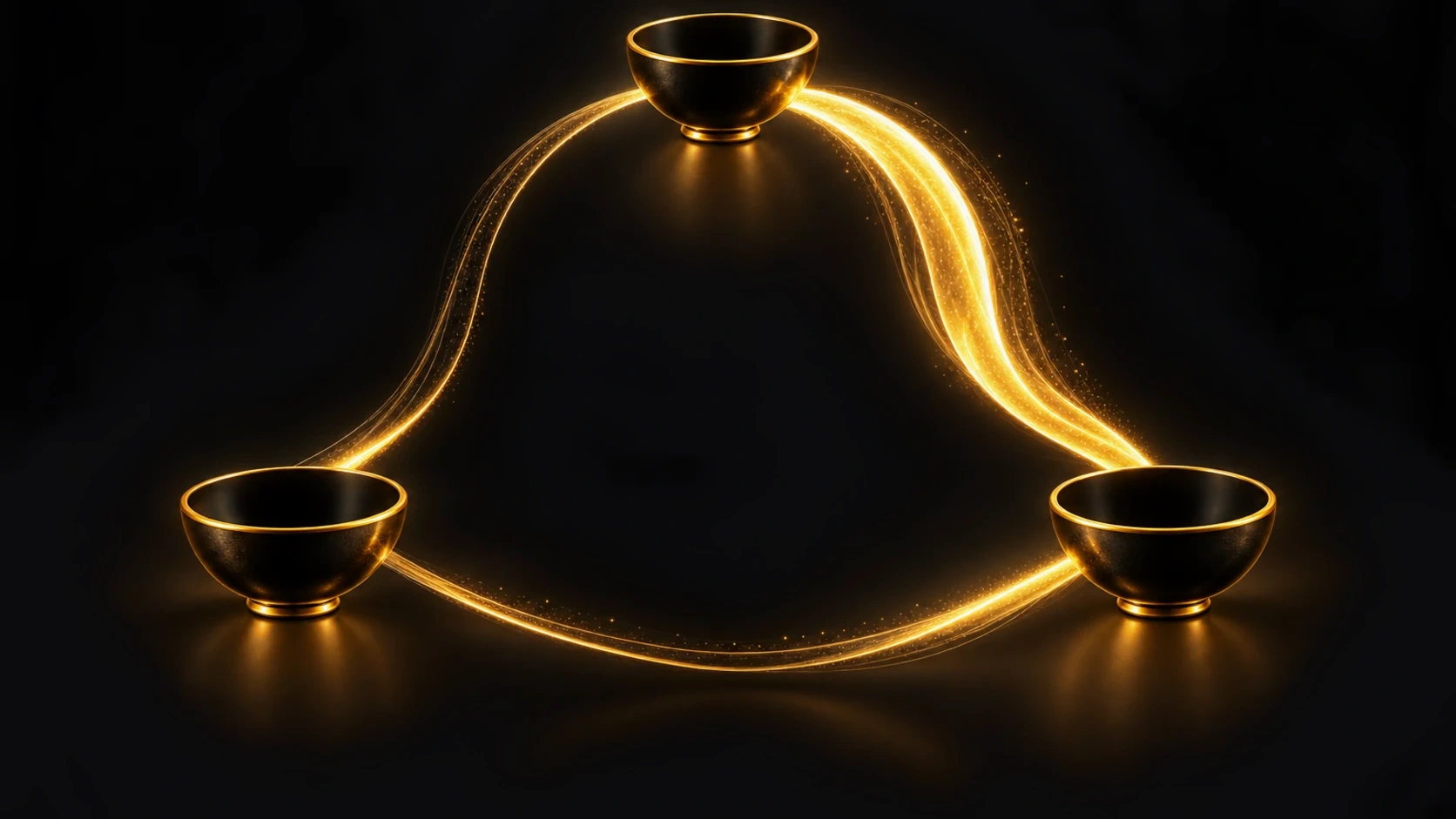 Three empty gold-rimmed vessels form a triangular loop of light, with the right-hand connection thicker than the other two