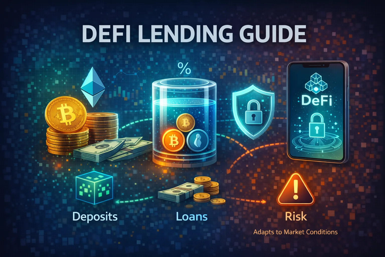 DeFi lending protocols dashboard showing Aave and Compound interfaces with interest rates and liquidity pools